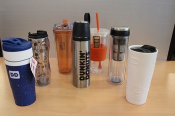 Dunkin Donuts Thermos, Cold Cups, Tea Steeper, 7 Pieces