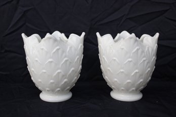 Vintage Milk Glass Artichoke Vases Imperial Glass Ohio Pinched And Crimped (2) 5' X 4 3/4'