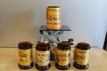 Lot Of 5 Beer Mugs With Wooden Handles Maine, New Orleans, Florida, Mississippi, Opryland