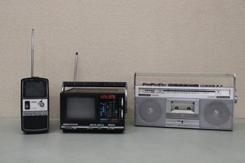 Vintage AM/FM Radio Lot GE Cassette Player And Recorder, Lenoxx TV Receiver With AM/FM, Symphonic Minni TV