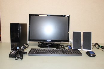 Desktop Computer HP Tower, Logitech Mouse, Samsung Monitor, 2' Speaker System With Surge Protector