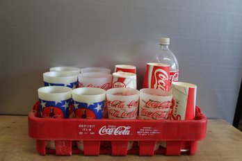 Coca Cola Plastic Crate  19' X 12' X 4' With Assorted Sizes Of Hard Plastic And Paper Cups 1997 1 Liter Bottle