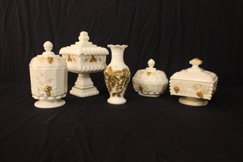 Westmoreland And Imperial Glass Gilt Milk Glass Lot 4 Lidded Candy Dishes And Bud Vase 5 Pieces