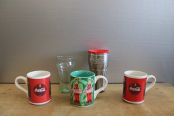 Coca Cola Coffee Mugs (3)  Metal Cup And Glass (5 Pieces)