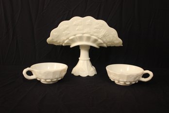 Westmoreland Milk Glass Paneled Grape Banana Boat And Pair Of Candle Holders 3 Pieces