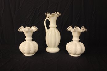 Fenton Milk Glass Silver Crest Beaded Melon Vases And Melon Pitcher 3 Pieces