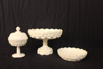 Westmoreland Paneled Milk Glass Lot 3 Pieces Pedestal Cake Plate Shallow Round Dish Lidded Candy Jar