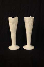 Vintage Hickman McKee Kemple Jubilee Pattern Milk Glass Tall Vases (2)