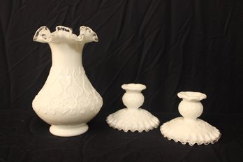 Fenton Spanish Lace Milk Glass Silver Crest Vase And Matching Candlesticks 3 Pieces