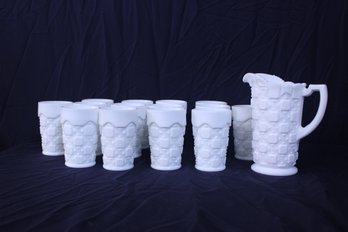 Westmoreland Old Quilt Pattern Pitcher And 14 Tumblers 15 Pieces