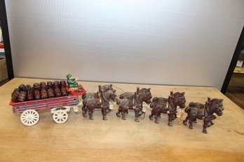 Vintage Cast Iron Clydesdale Horse Drawn Beer Barrel Wagon