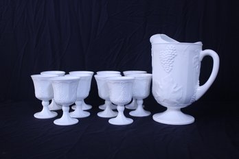 Indiana Colony Harvest Milk Glass Pitcher And 10 Goblets 11 Pieces