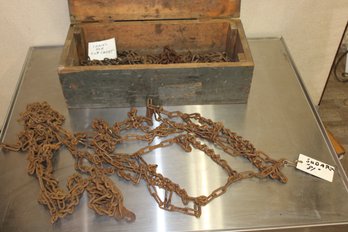 Tire Chain Lot With An Antique Box: A Set Of Subaru Tire Chains And A Set Chains For Cub Cadet