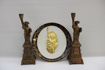 Statue Of Liberty Lot 1996 Commemorative Plate 2 Candle Holders