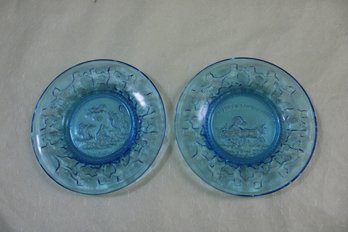 Two Aqua Blue Glass Plates 6 1/2' Diameter Nursery Rhyme Theme