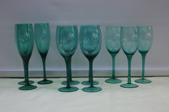 Jade Colored Champagne, Wine And Water Glasses 10 Pieces