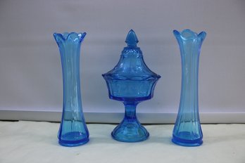 Tiara Indiana  Glass Blue Strawberry Pattern Covered Candy Dish And Two Blue Swung Vases