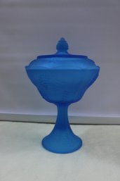 Indiana Glass Satin Blue Harvest Grape Compote With Lid 10 1/2' X 7'