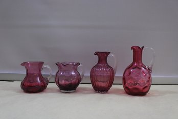 Lot Of Cranberry  Glass Pitchers Including Fenton Coin Dot