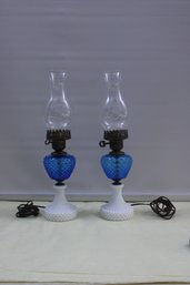 2 Blue Hobnail Milk Glass Hurricane Lamps 12'tall 19'with Hurricane