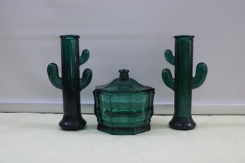 2 Emerald Green Cactus Bud Vases And Emerald Colored  Candy Dish