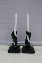 2 Westmoreland Spiral Lotus Black Glass Candlesticks