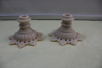 Pair Of Westmoreland Frosted Pink Milk Glass Candlesticks