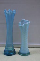 2 Blue Opalescent Swung Glass Vases  13' X 3 1/2'  And  10' X 3 1/2'