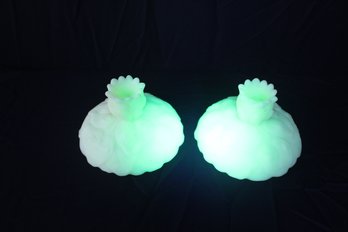 Pair Of Fenton Uranium Satin Water Lily Candle Holders 3 1/2' X 5 1/4'