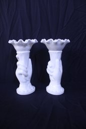 Pair Of Westmoreland Milk Glass Hand Holding A Vase Ruffle Top 8'