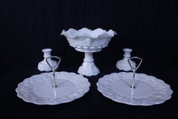 Westmoreland Paneled Grape Milk Glass Pedestal Fruit Bowl Pair Of Candle Sticks & Pair Of Tidbit Trays 5 Pcs