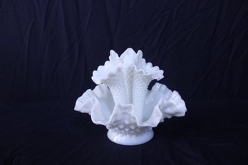 Hobnail Milk Glass Epergne With Three Trumpets 7 1/2' Tall X 9' Wide