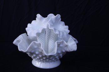 Hobnail Milk Glass Epergne With Three Trumpets 7 1/2' Tall X 9' Wide