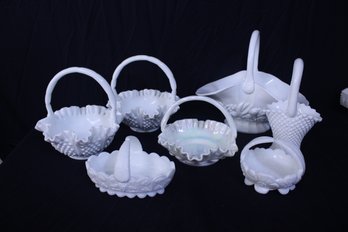 Mixed Lot Of Milk Glass Handled Baskets 7 Pieces