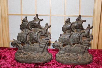 Antique Figural Cast Bronzed Iron Bookends Ships