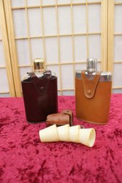 2 Flasks In Leather Cases 1 Bottle Opener 4 Plastic Shot Cups