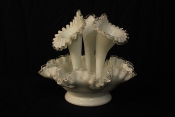 Silver Crest Milk Glass Epergne With Three Horns 10 1/2' X 11'