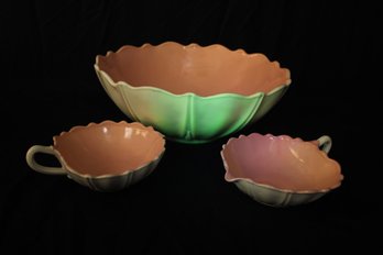 Anchor Hocking Uranium Oyster And Pearl White With Pink Bowl And Pair Of Handled Candy Dishes