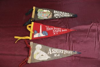 Vintage Felt Pennants Palisades Amusement Park NJ 15' High Pt Atate Park NJ 11' Asbury Park NJ 11' (3)