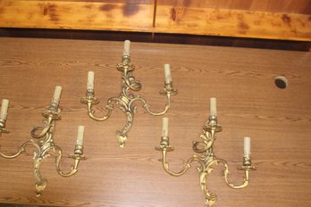 3 Large Matching Antique Brass Wall Sconces 15' X 16'