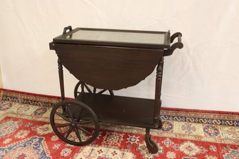 Antique Wagon Wheel Tea Cart With Drawer And Removable Glass Tray Fold Up Table 29' X 26' X 37'