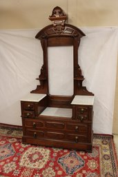Eastlake Oak & Marble Dresser With 6 Drawers 86' To Top Of The Finial 45' Wide 32 To The Top Marble 18' Deep