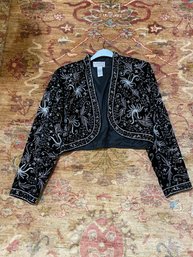 Black Tie By Oleg Cassini Beaded Waterfall Velvet Jacket Size L In Immaculate Condition, Beadwork Is Perfect.