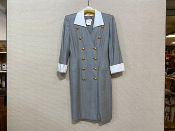 Escada Double Breasted Coat Dress With Gold Tone Buttons In Grey With White Euro Size 40 (US Size 10)