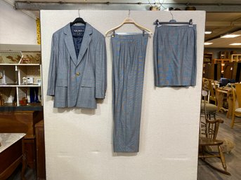 Escada 3 Piece Suit Set Jacket Skirt &Pants Euro Size 40 (US Size 10) Grey With Blue Lining