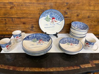 Snowmen Dish Set By Thomson Pottery 19 Pieces Dinner Platesbowls Dessert Plates And Cups
