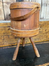 Vintage Firkin Wood Sewing Bucket On Tripod Stand 23 X 12