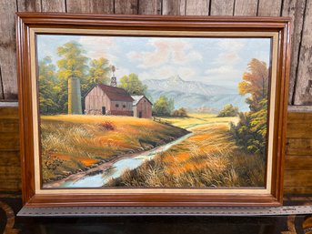 K Michaelson  Painting Of Mountains And Farm 42 X 30.5