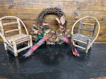 2 Mini Adirondack Chairs And Wreath Decoration