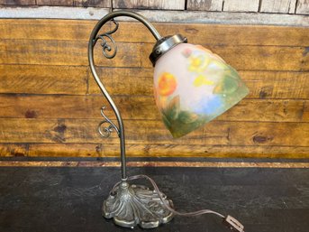 Goose Neck Desk Lamp  Roses On The Base And Trumpet Flowers On The Reverse Paint Glass Globe Shade